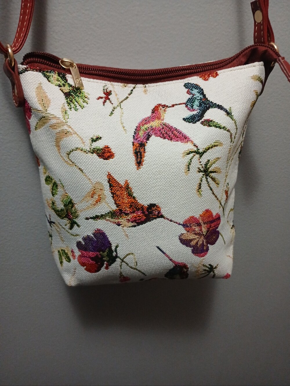 Floral Hummingbird Tapestry Crossbody Bag - White/Multi